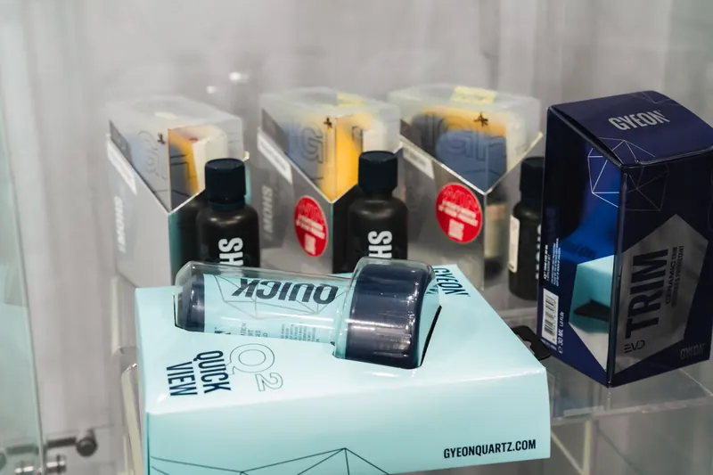 Ceramic coating products on the detailing display at 417 Autoworks